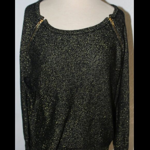 BISOU BISOU Sweater Women's Size M Black Gold Metallic Boatneck Zipper Accents. - Picture 1 of 8